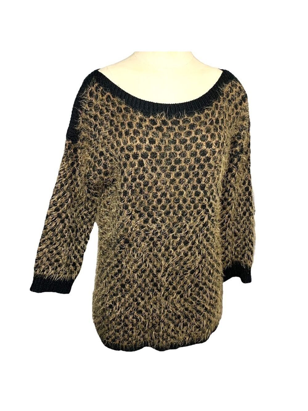 Marble Black Brown Knit Sweater Fuzzy Boat Neck Long Sleeves Slit Back Sz Medium